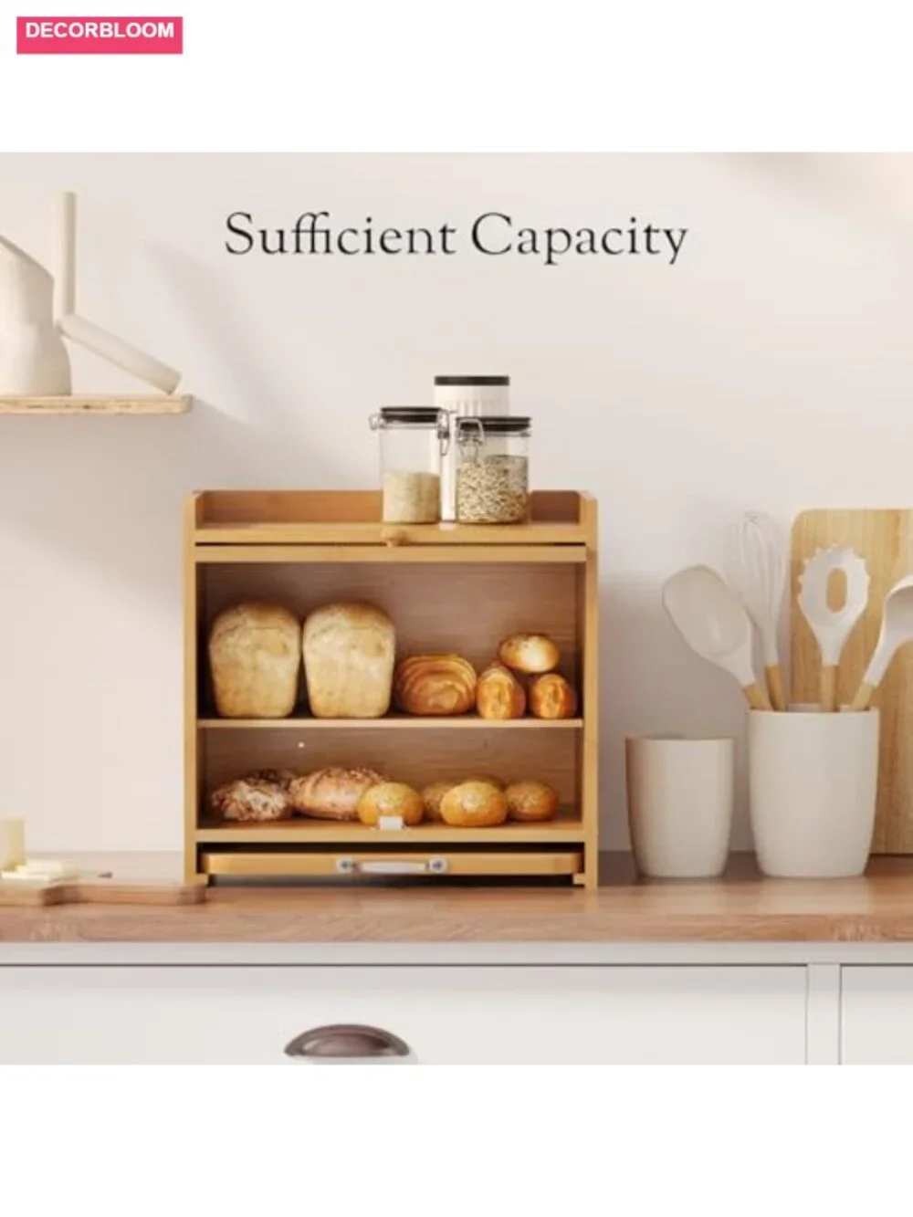 Bamboo Bread Box with Cutting Board, Double Layer, Kitchen Storage